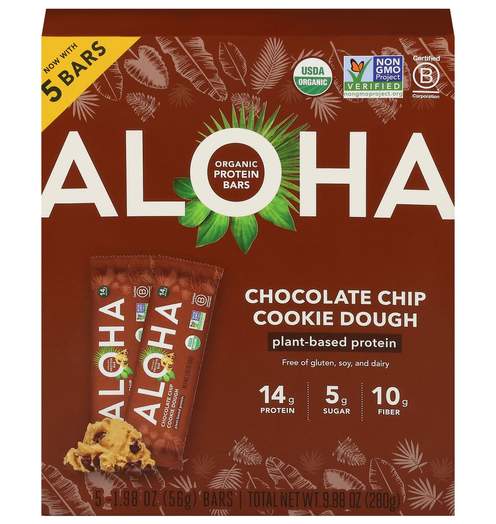 Aloha Plant Based Organic Protein Bars, Chocolate Chip-Cookie Dough (5 x 1.98 oz)