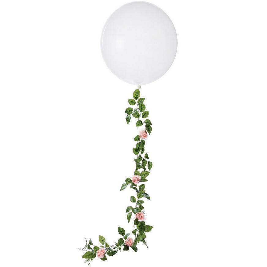 Uninflated 1ct, 24in, White Latex Balloon with Pink Floral Tail