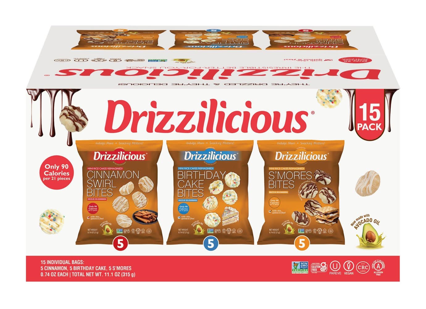 Drizzilicious Drizzled Mini Rice Cake Variety pack, Cinnamon Swirl-Birthday Cake-S'mores (15 x 0.74 oz)