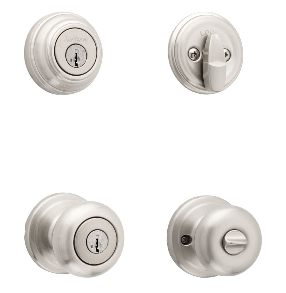 Kwikset Signature Series Juno Satin Nickel Exterior Single-Cylinder Deadbolt and Keyed Entry Door Knob Combo Pack ft. SmartKey Security