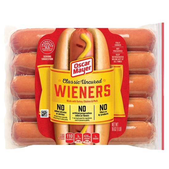 Order Oscar Mayer Classic Uncured Wieners 10ct 16oz food online from Everyday Needs by Gopuff store, Tampa on bringmethat.com