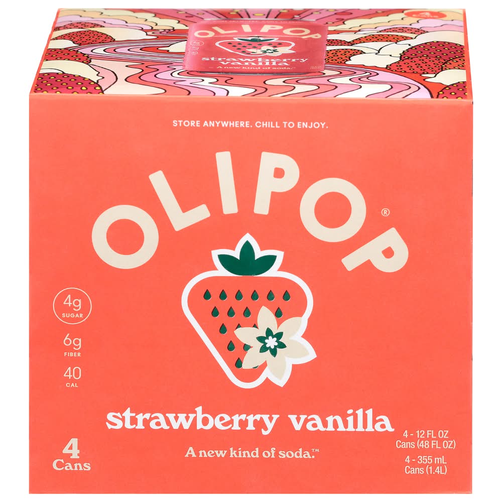 Olipop Prebiotic Soda, Strawberry Vanilla (4 x 12 fl oz)