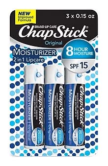 Chapstick Original Lip Balm Moisturizer, SPF15, 0.45oz., Colorless, 3 Chapsticks/Pack (305730725408)