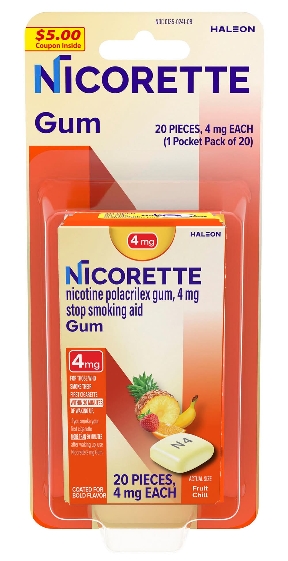 Nicorette Nicotine Polacrilex Stop Smoking Aid Gum 4 mg, Fruit Chill (20 ct)