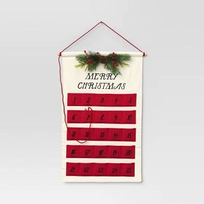 21.5" 'Merry Christmas' Fabric Hanging Advent Calendar with Faux Greenery and Star Counter Cream/Red - Wondershop™