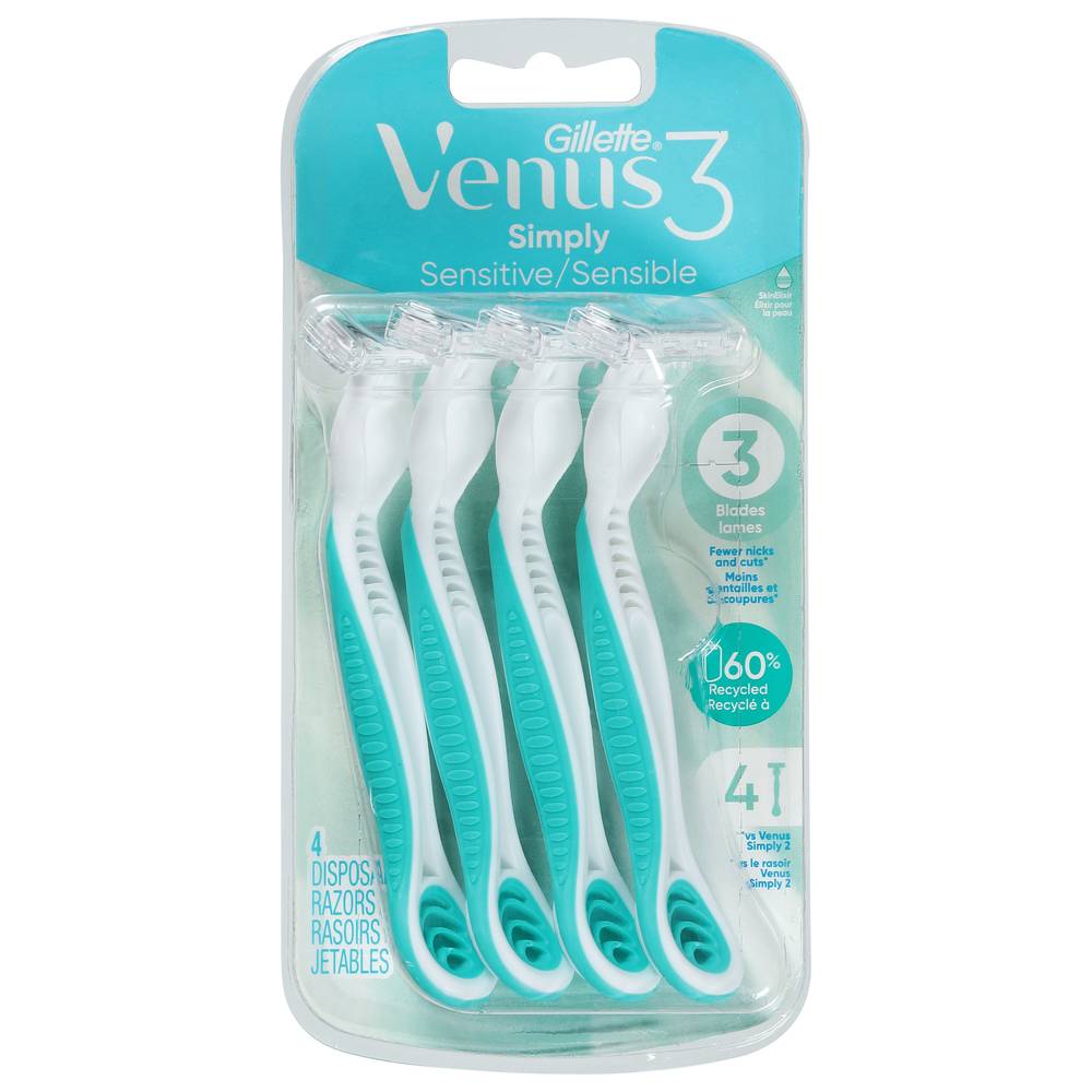 Gillette Venus3 Simply Sensitive Disposable Razors, White-Blue (0.16 lbs, 4 ct)