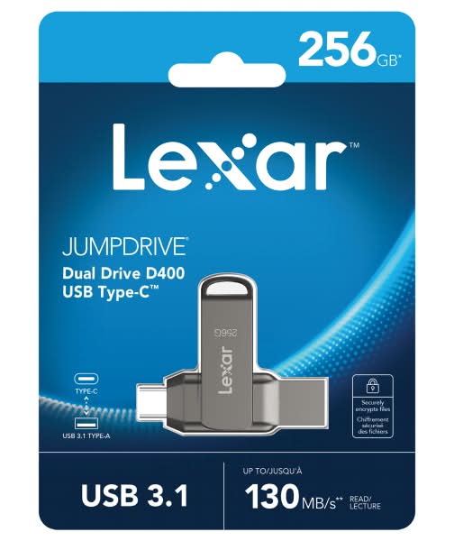 Lexar JumpDrive Dual Drive D400 USB Flash Drive, 256 GB, Silver
