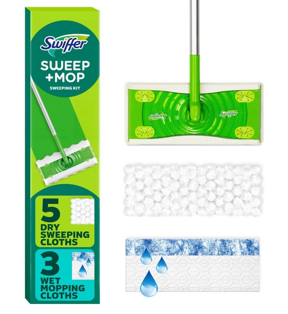 Swiffer Sweep And Mop 2-In-1 Dry And Wet Multi-Surface Mopping Starter Kit (1-Sweeper, 5-Dry Cloths, 3-Wet Cloths)