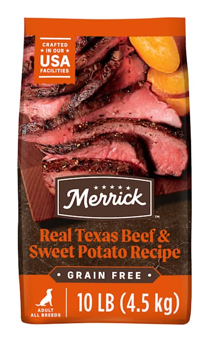 Merrick Premium Grain Free Wholesome and Natural Kibble, Real Texas Beef and Sweet Potato Dry Adult Dog Food, 10 lbs.