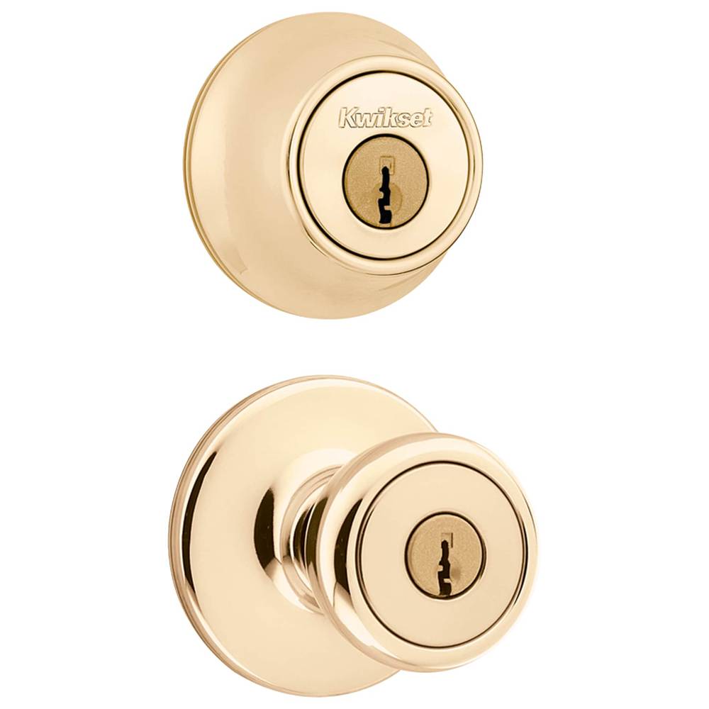 Kwikset Tylo Polished Brass Exterior Single-cylinder deadbolt Keyed Entry Door Knob Combo Pack with Antimicrobial Technology | 690T 3 CP