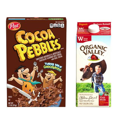 Post Cocoa Pebbles Cereal 11oz & Organic Valley Whole Milk 1/2 Gallon 2ct Bundle