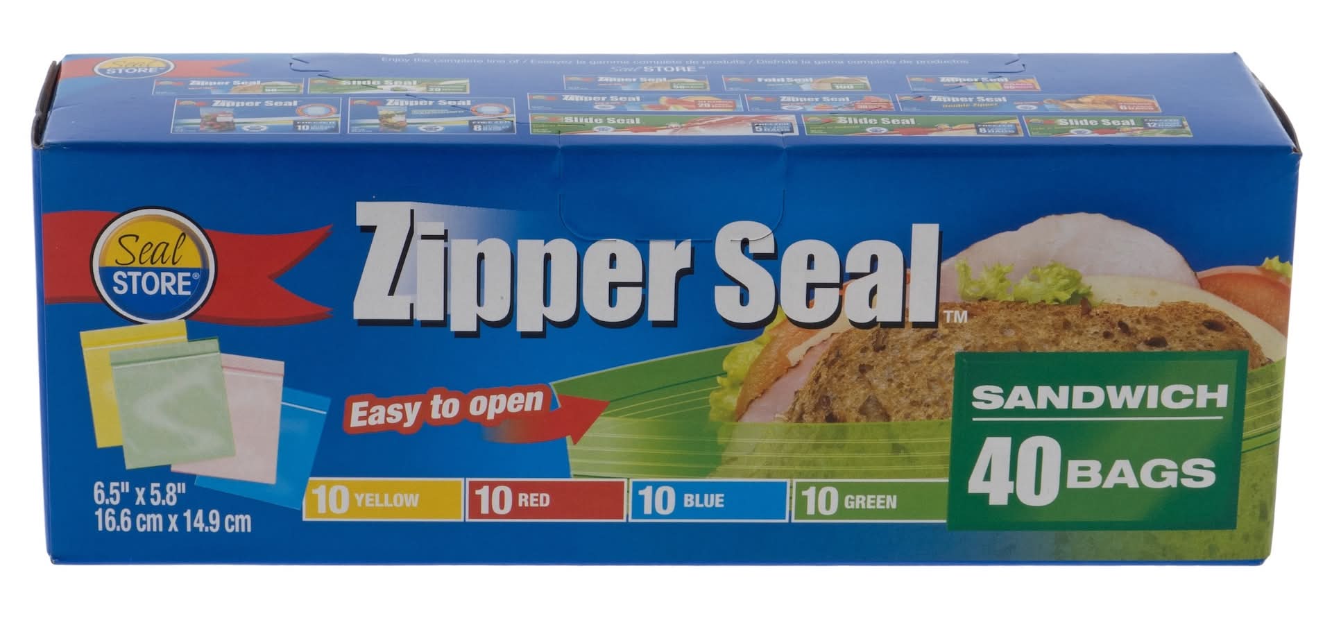 Zipper Seal Sandwich Bags, 6.5" x 5.8", Yellow-Red-Blue-Green (40 ct)