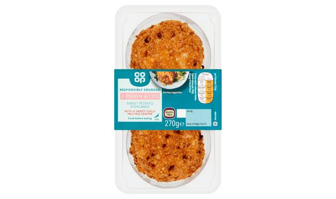 Co-op 2 Prawn & Cod Sweet Potato Fishcakes with a Sweet Chilli Melting Centre 270g