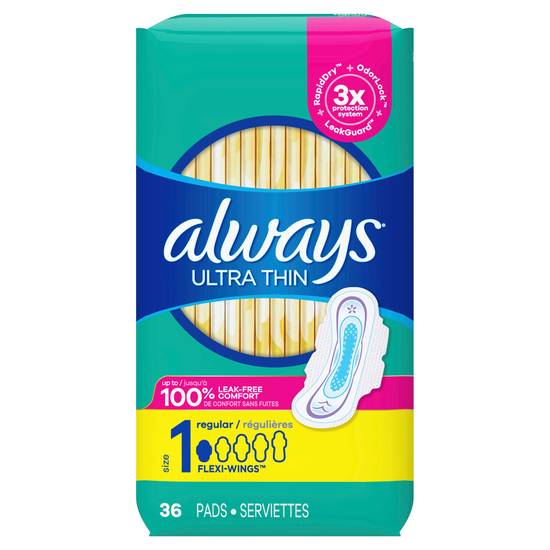 ALWAYS Ultra Thin Size 1 Regular Pads With Wings Unscented, 36 Count