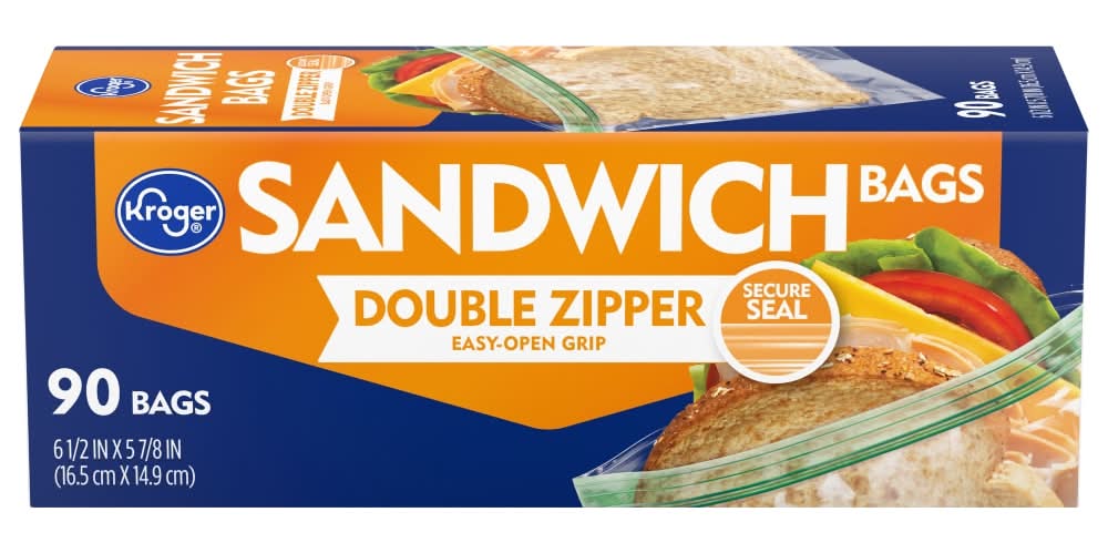 Kroger Double Zipper Reclosable Sandwich Bags, 6 1/2x5 7/8 in (90 ct)