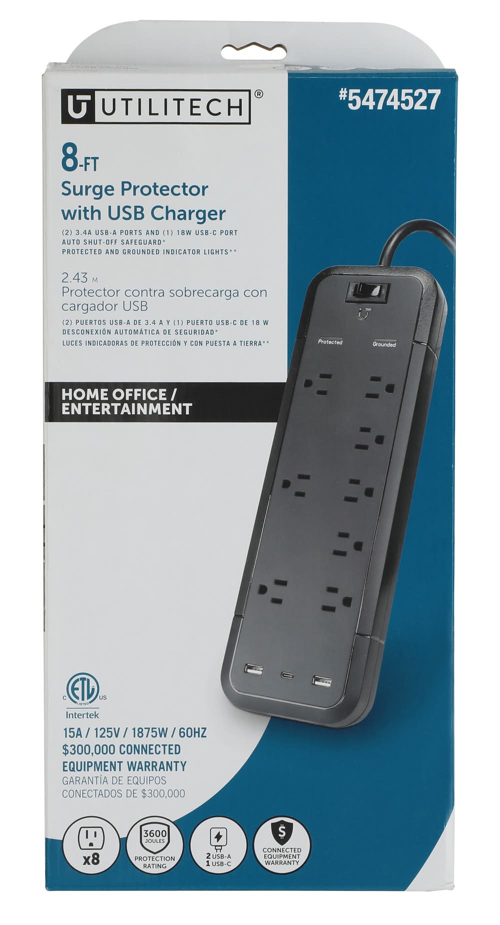 Utilitech 8-ft Surge 8 -Outlet 3600 Joules 1875 -Watts 1000VA Black Indoor USB AC Surge Protector
