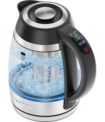 Chefman Lightning Borosilicate Glass Electric Kettle With Stainless Steel Lid, Silver-Black