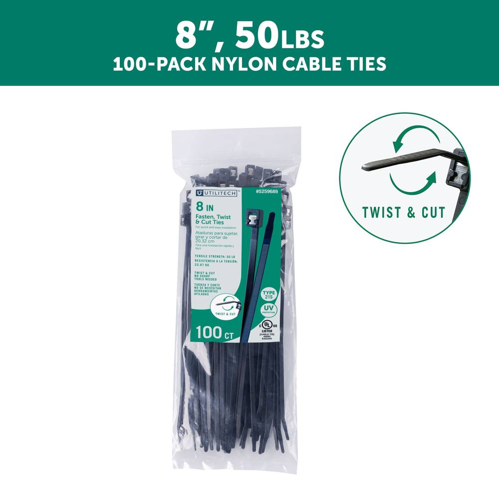 Utilitech 8-in Nylon Twist cut cable ties Black with UV Protection ( 100 -Pack) | SGY-CT138