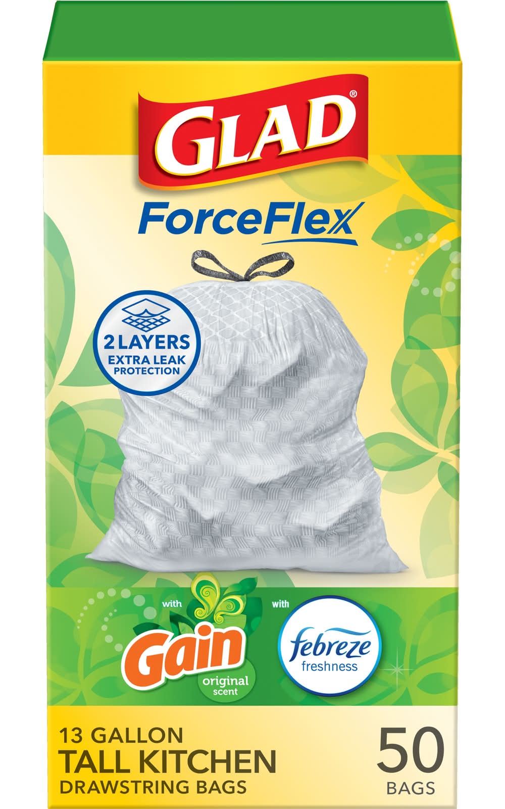 Glad ForceFlex 13.0-Gallon Gain original White Indoor Plastic Kitchen Drawstring Trash Bag 50 -Count