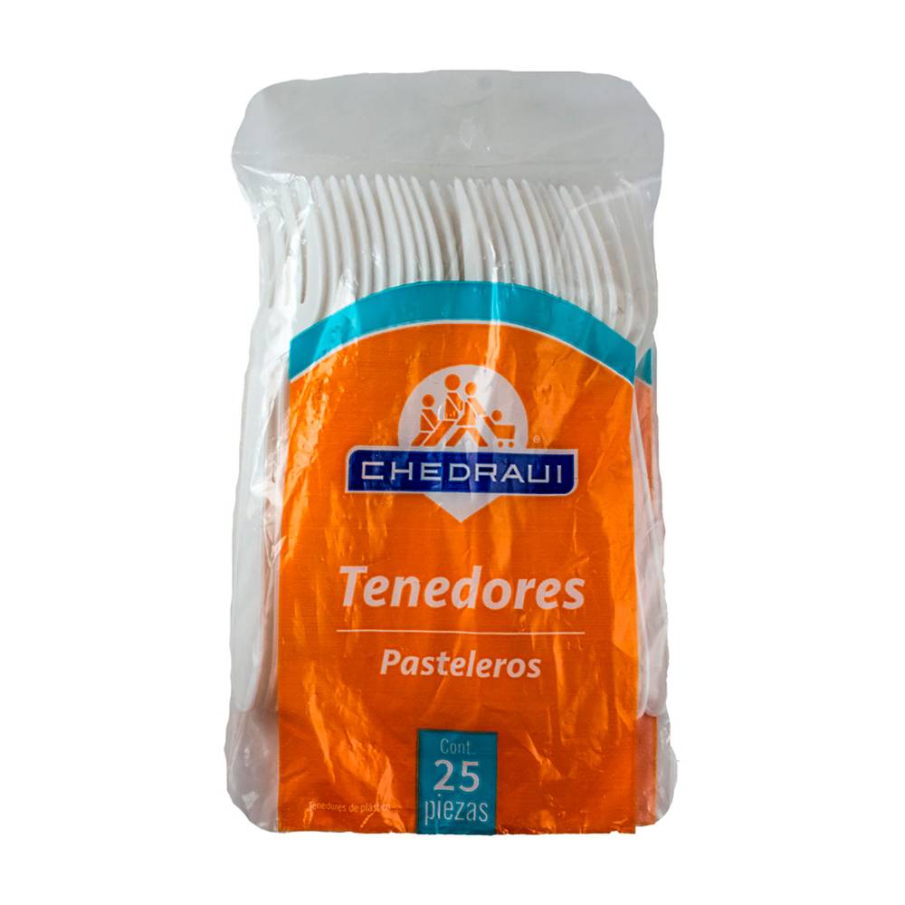 Chedraui · Tenedores pasteleros de plástico, blanco (25 un)