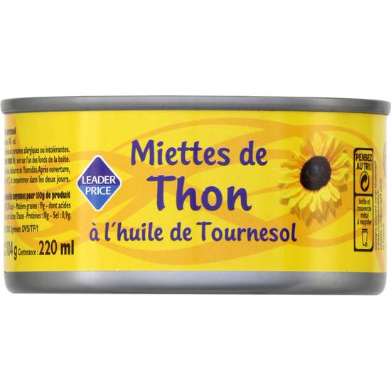 Miettes de thon à l'huile de tournesol Leader price 104g