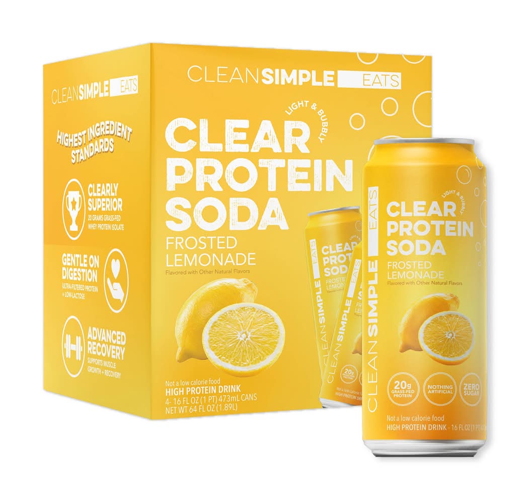 Clean Simple Eats Clear Protein Soda, Frosted Lemonade (4 x 16 fl oz)