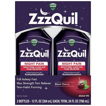 Vicks Zzzquil Nighttime Sleep-Aid/Pain Reliever, Black Cherry (12 fl oz, 2 ct)