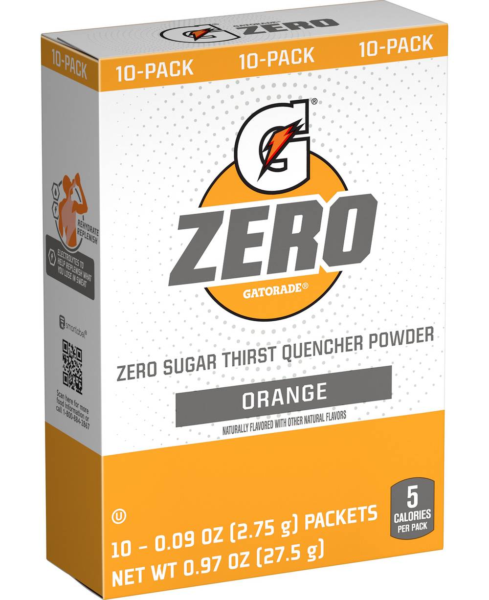 Gatorade Zero Sugar Thirst Quencher Sports Drink Powder, Orange (0.09 oz, 10 ct)