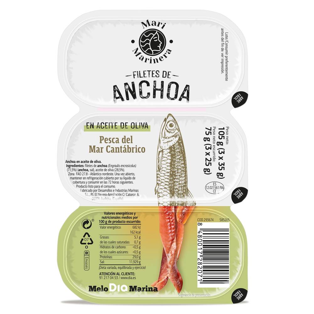 Anchoa Del Cantábrico En Aceite De Oliva Mari Marinera De Dia Pack 3 X 25 G