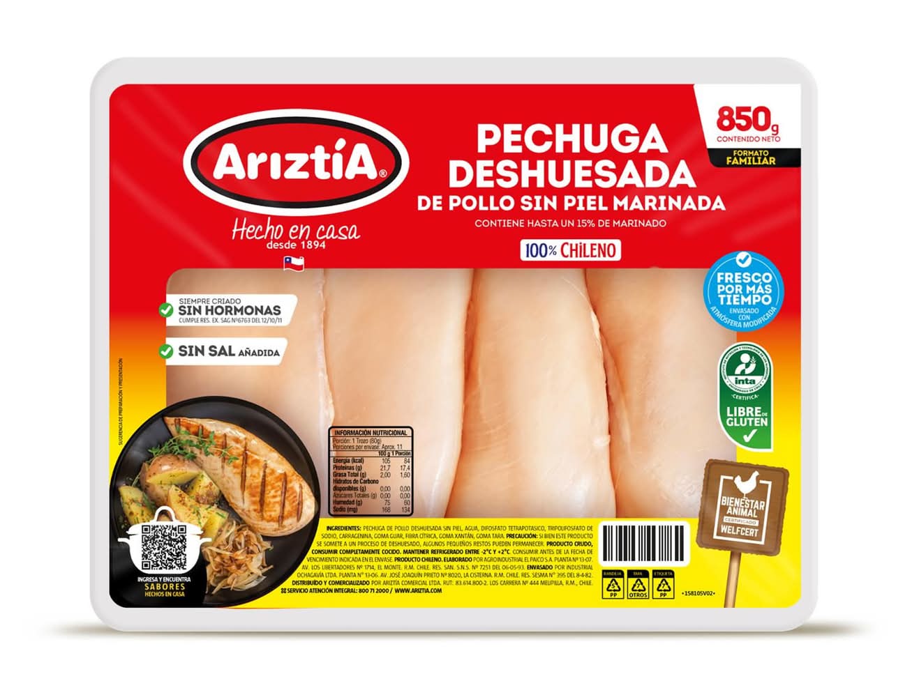 Ariztía · Pechuga de pollo deshuesada sin piel, marinada (850 g)