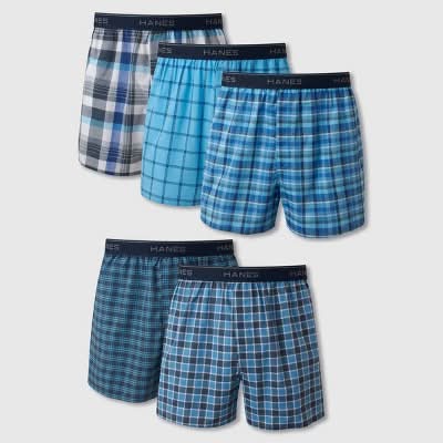 Hanes Lightweight Machine Washable Elastic Waistband Woven Plaid Boxers, Men, L, Assorted (5 pack)