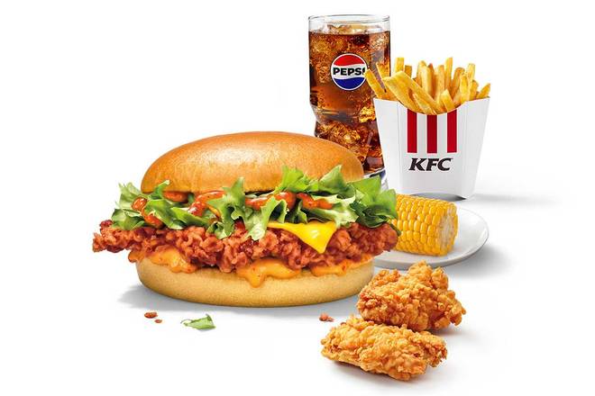 Fire Zinger burger Mega meal Large