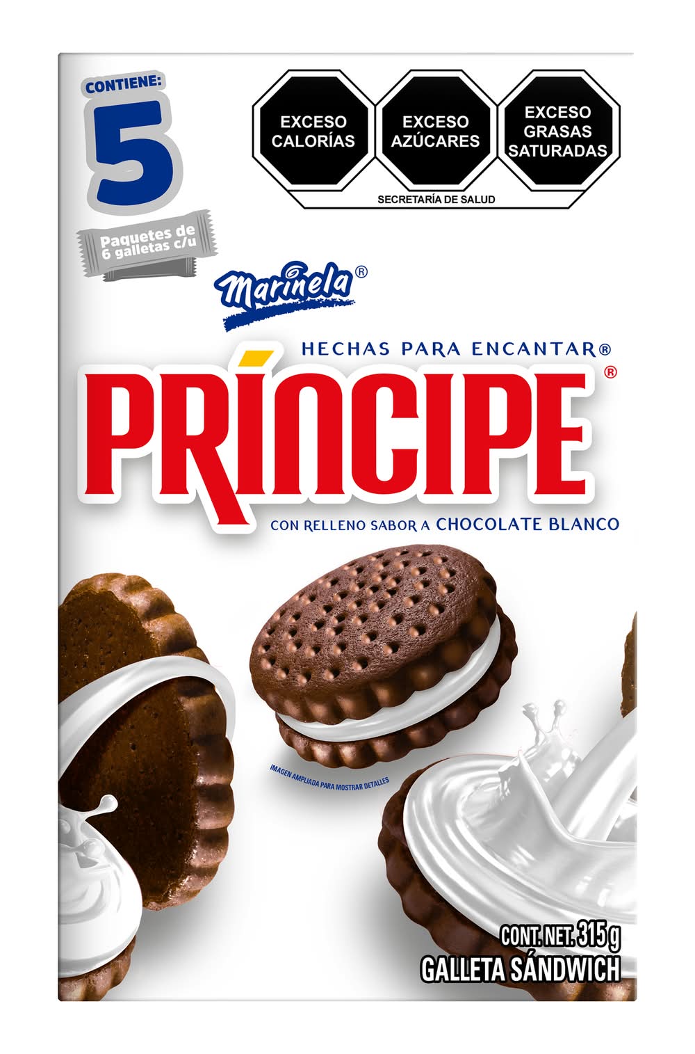 Príncipe · Galletas rellenas tipo sándwich, chocolate blanco (5 un)