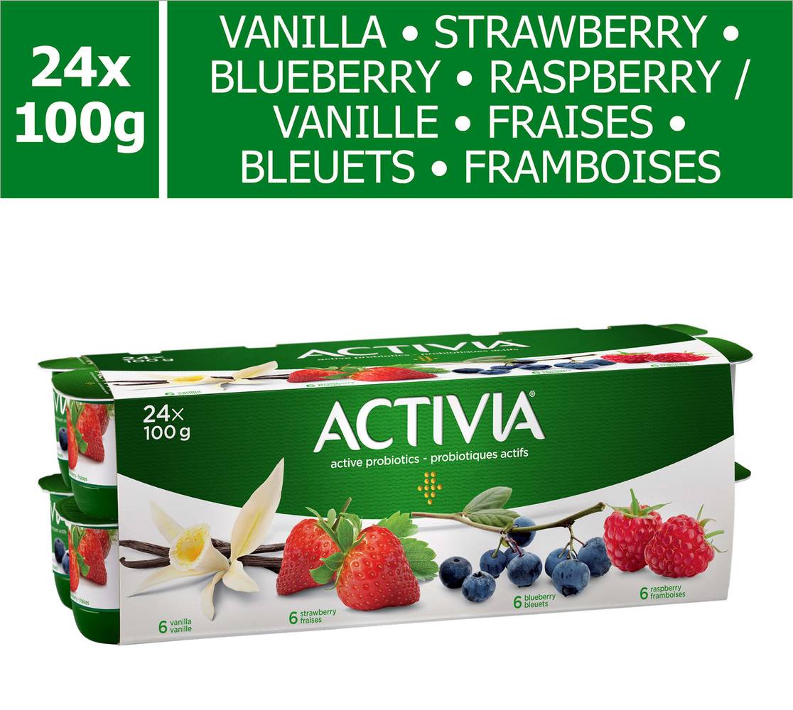 Activia Probiotic Assorted Flavours Yogurt, Vanilla, Strawberry, Raspberry, Blueberry (24 x 100 g)