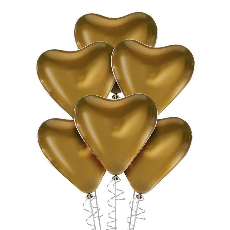 Uninflated 6ct, 12in, Gold Metallic Chrome Satin Luxe Latex Heart Balloons