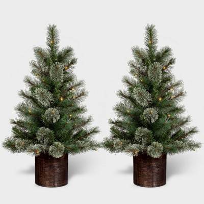 2pc 3' Pre-Lit Virginia Pine Potted Mini Artificial Christmas Tree Clear Lights - Wondershop™