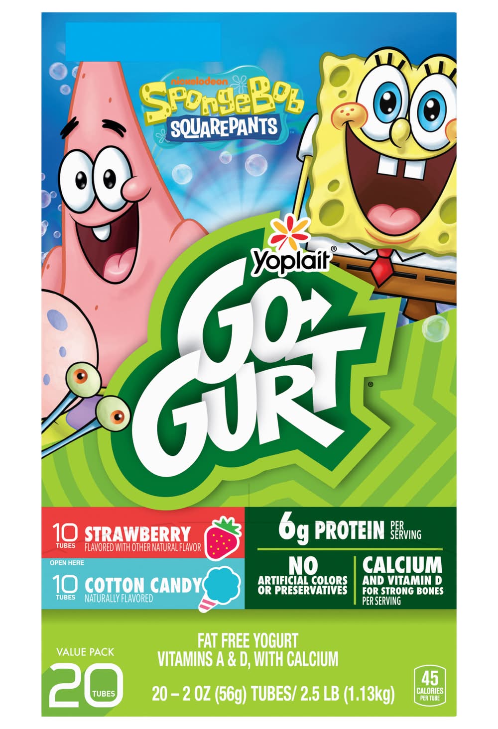 Go-Gurt Spongebob Squarepants Yogurt Value pack, Strawberry Splash-Cool Cotton Candy (20 x 2 oz)