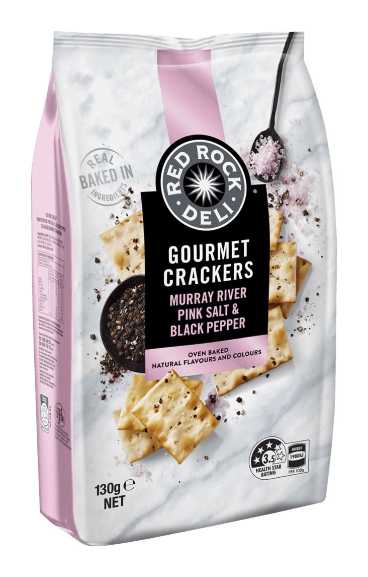 Red Rock Deli Gourmet Crackers Murray River Pink Salt & Black Pepper 130g