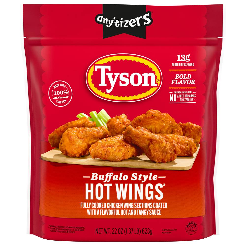 Tyson Any'tizers Buffalo Style Bone-In Chicken Hot Wings, Hot, Tangy (22 oz)