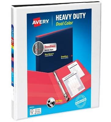 Avery D Ring Binder Heavy Duty Dual View 135 Sheets, 0.5", White - Black