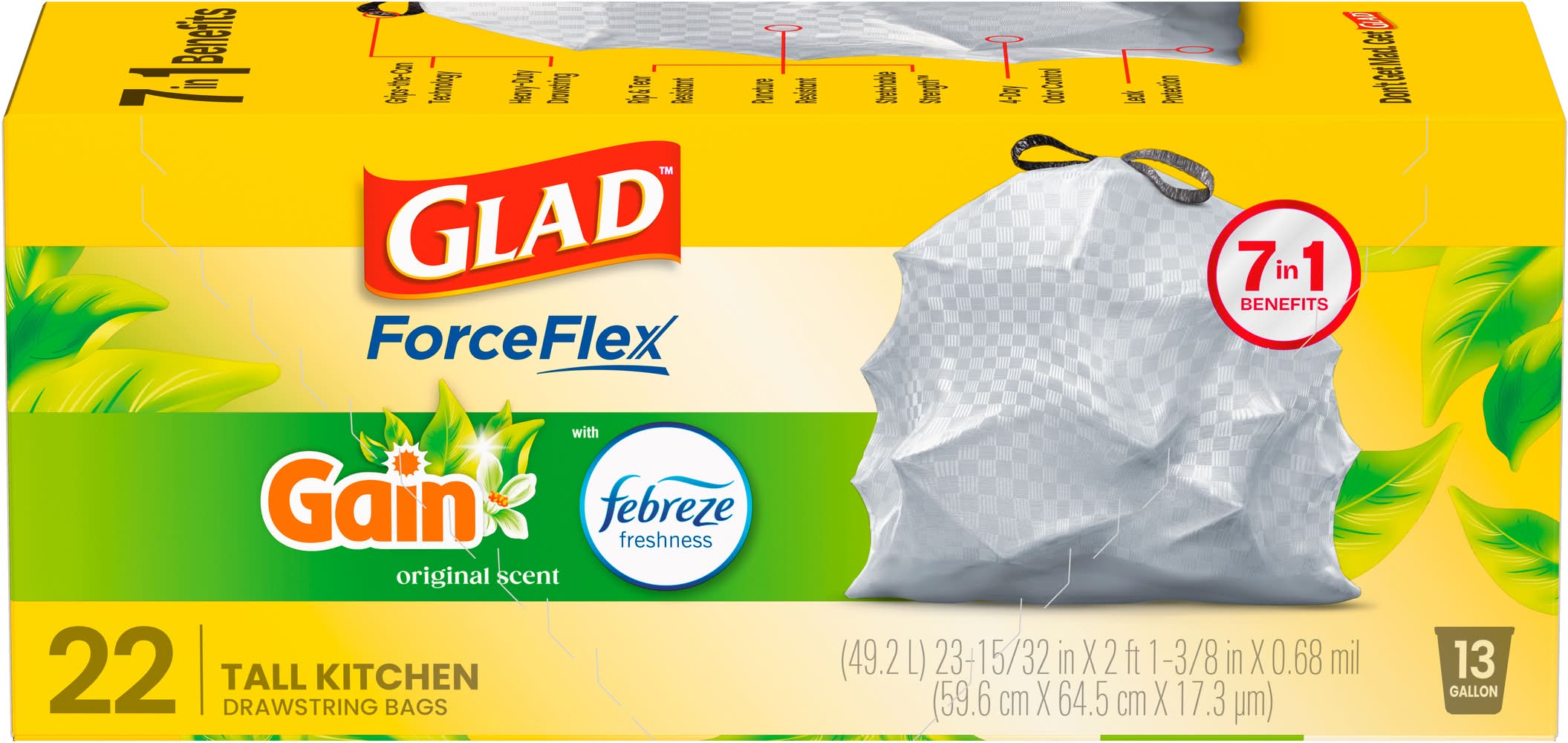 Glad Forceflex Drawstring Gain Original Odor Shield 13 Gallon, 49.2 L, 1 ft 11-15/32 in x 2 ft 1-3/8 in x 0.72 mil (22 ct)