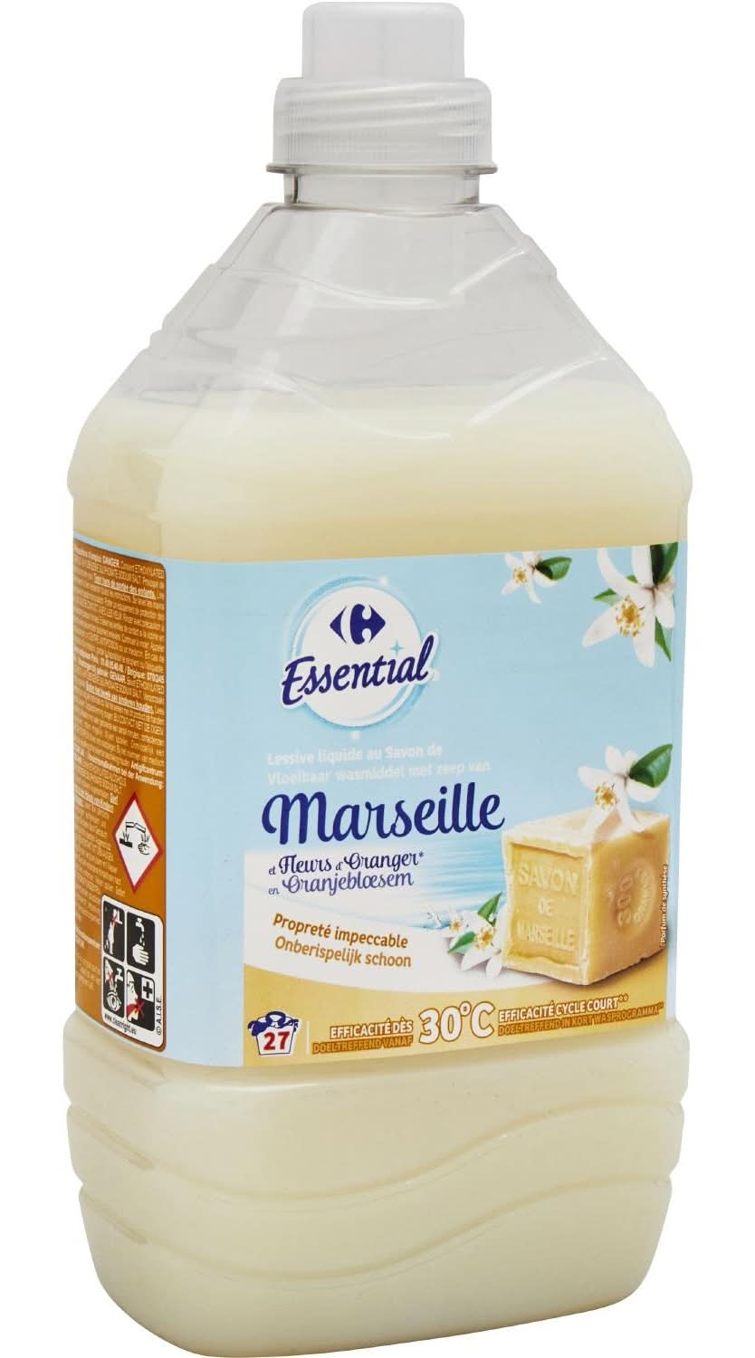 Carrefour Essential - Lessive liquide au savon de marseille 27 lavages, fleur d'oranger (1,22L)