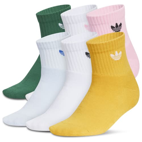 Adidas Girls Originals Trefoil 2.0 Quarter Socks 6-Pack - Crystal Sky Blue/Light Pink/Collegiate Green Size L