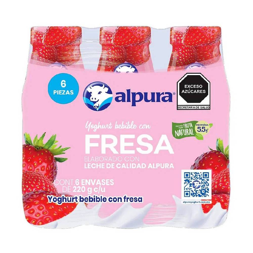 Alpura yogur bebible con fresa (paquete 6 x 220 g)