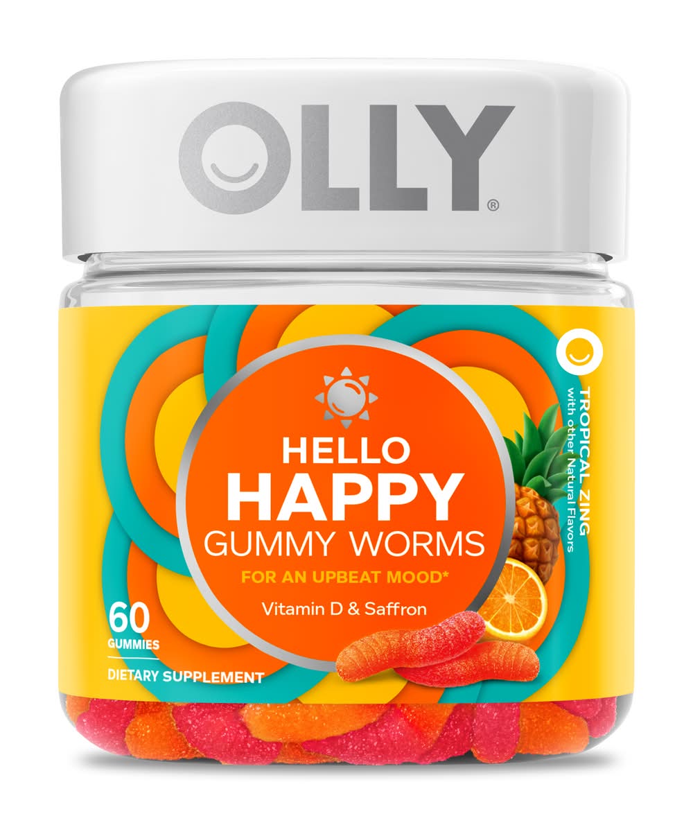 Olly Hello Happy Dietary Supplement Gummy Worms, Tropical Zing (60 ct)