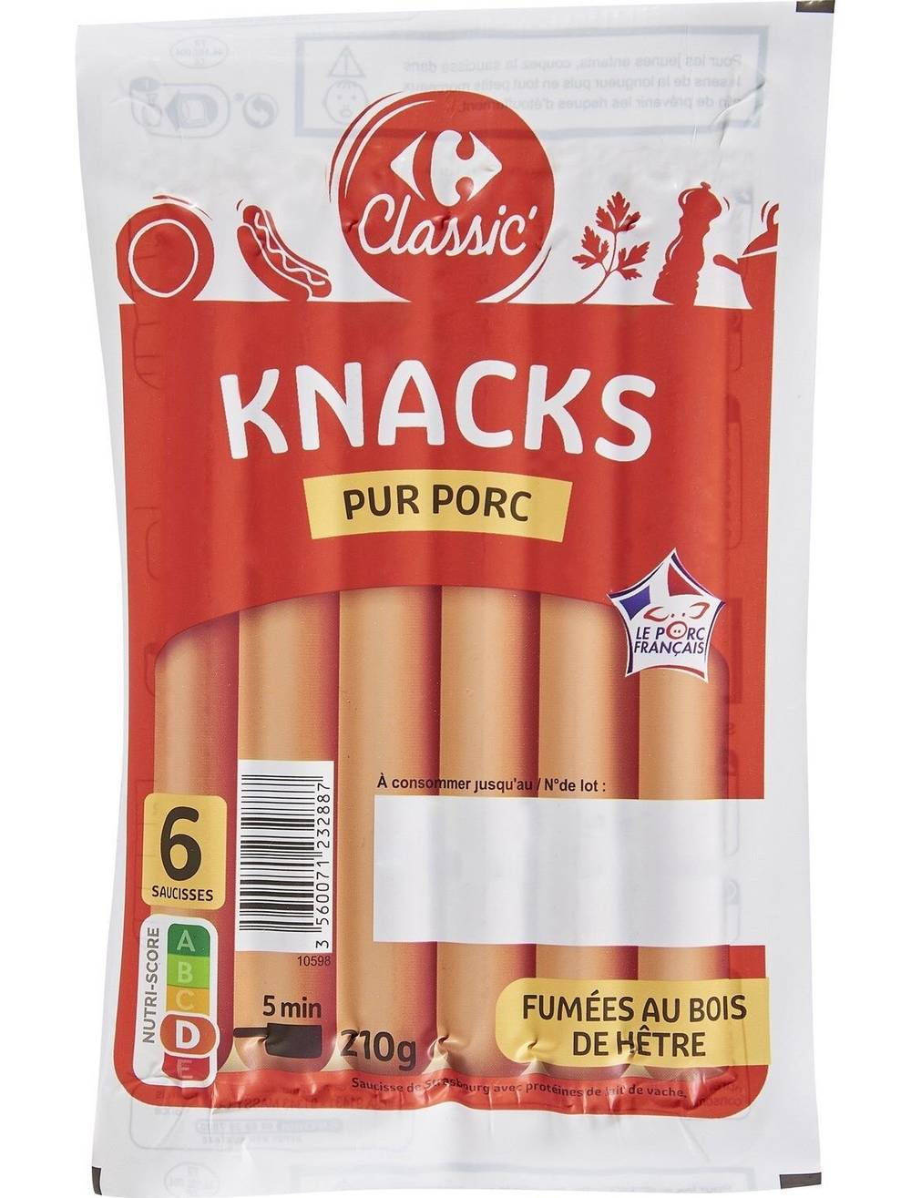 Carrefour Classic' - Knacks pur porc fumées au bois de hêtre (6)