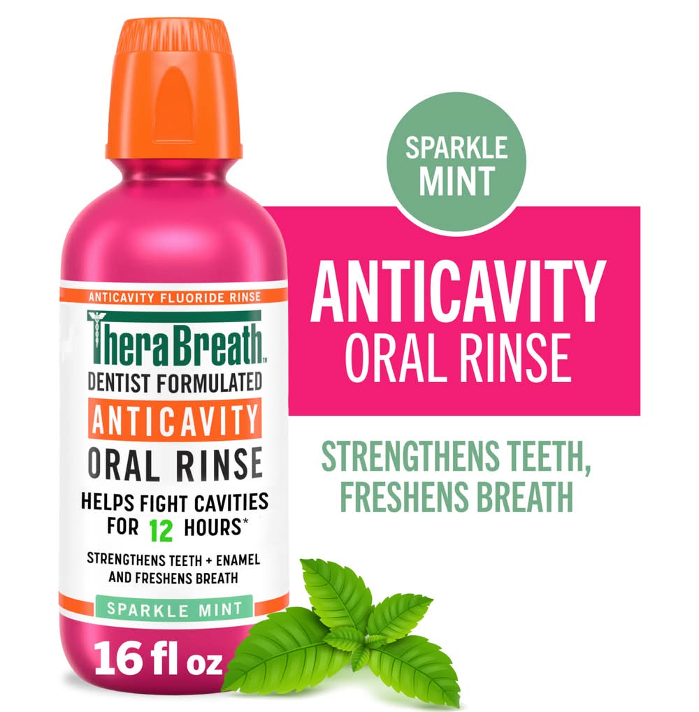 TheraBreath Dentist Formulated Anticavity Fluoride Oral Rinse Mouthwash, Sparkle Mint (16 fl oz)