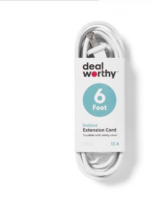 Dealworthy Outlet Indoor Extension Cord With 3 Outlets With Safety Cover, 6 ft, White