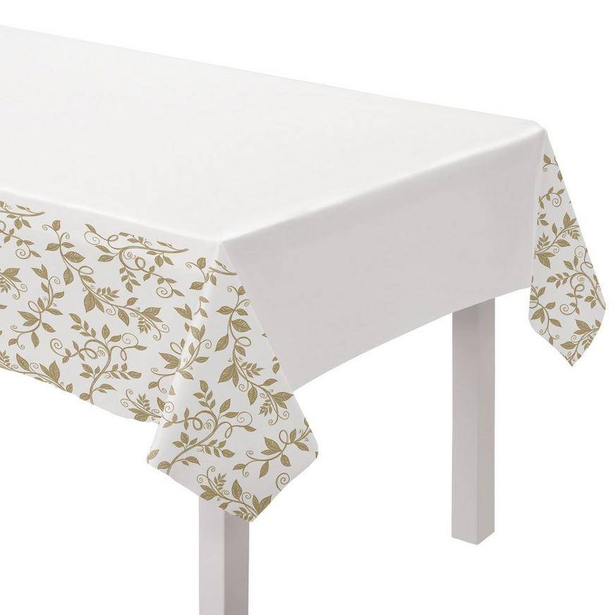 Gold White 50th Anniversary Plastic Table Cover, 54in x 102in