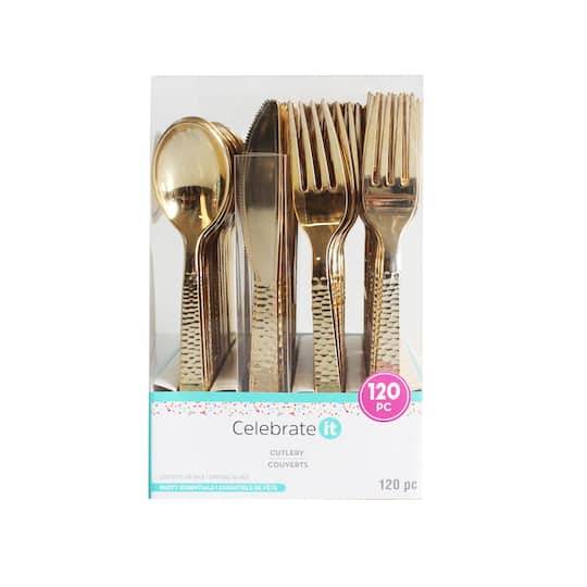 Gold Hammered Plastic Cutlery Set By Celebrate It, 120Ct.